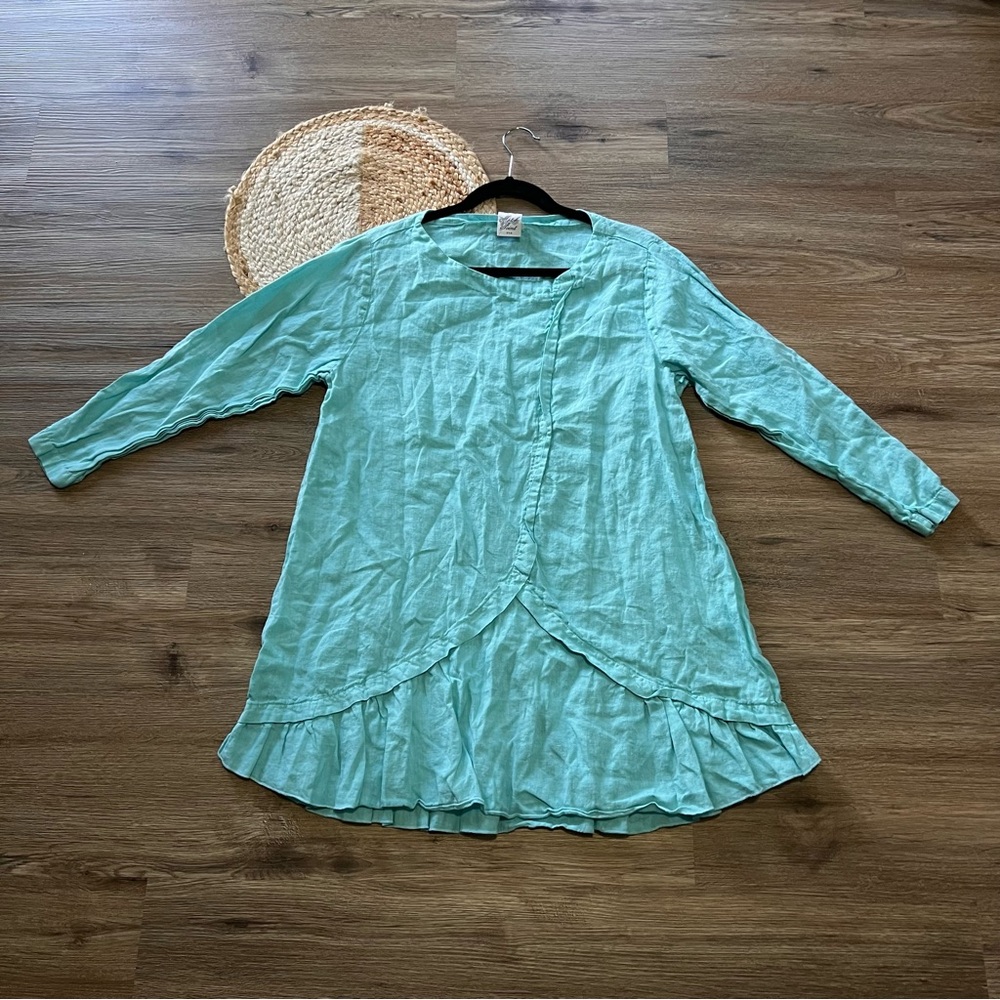MATCH POINT USA Vtg 100% Linen Ruffle Hem Long Sleeve Mini Dress